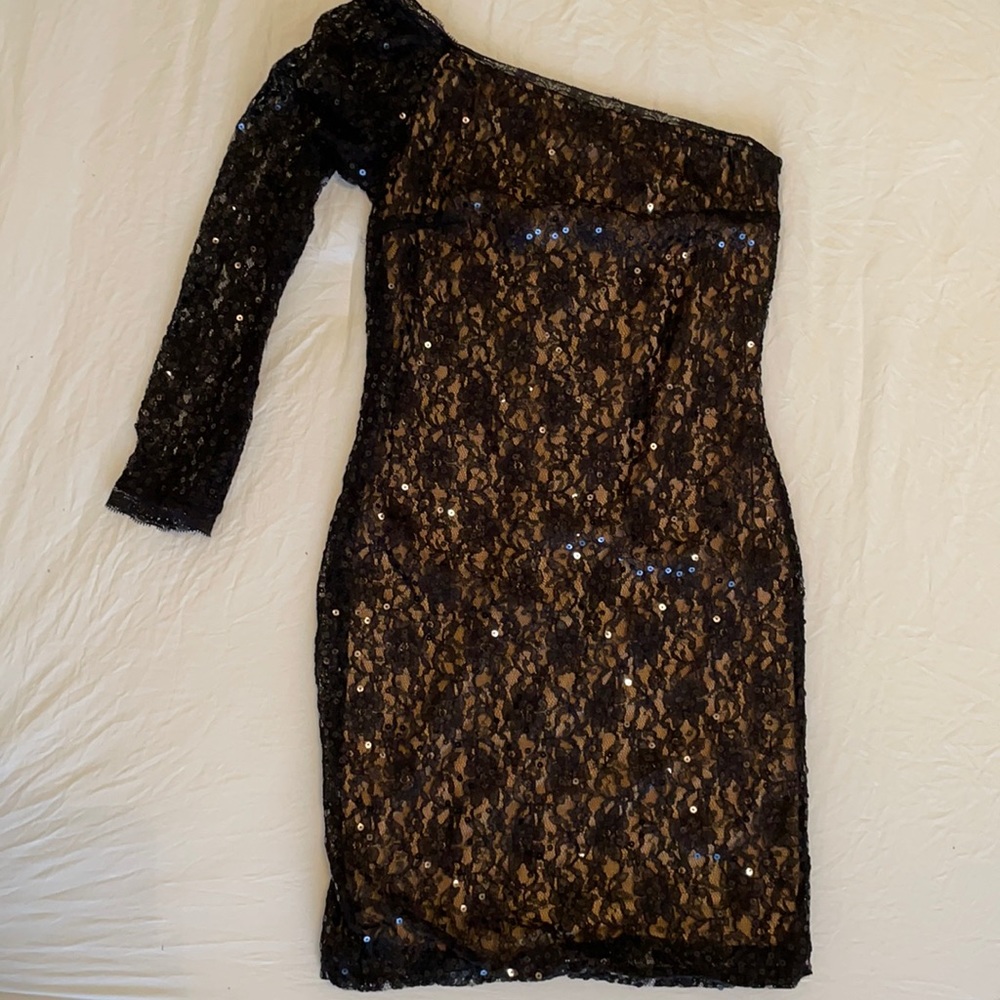 Black and Tan Sequin Net One Shoulder